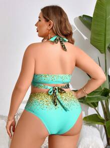SHEIN Swim Curve Plus Size Women's Leopard Splice Halter Neck Bikini Set With Buckle, Summer Summer Beach - Multicolor - View 2