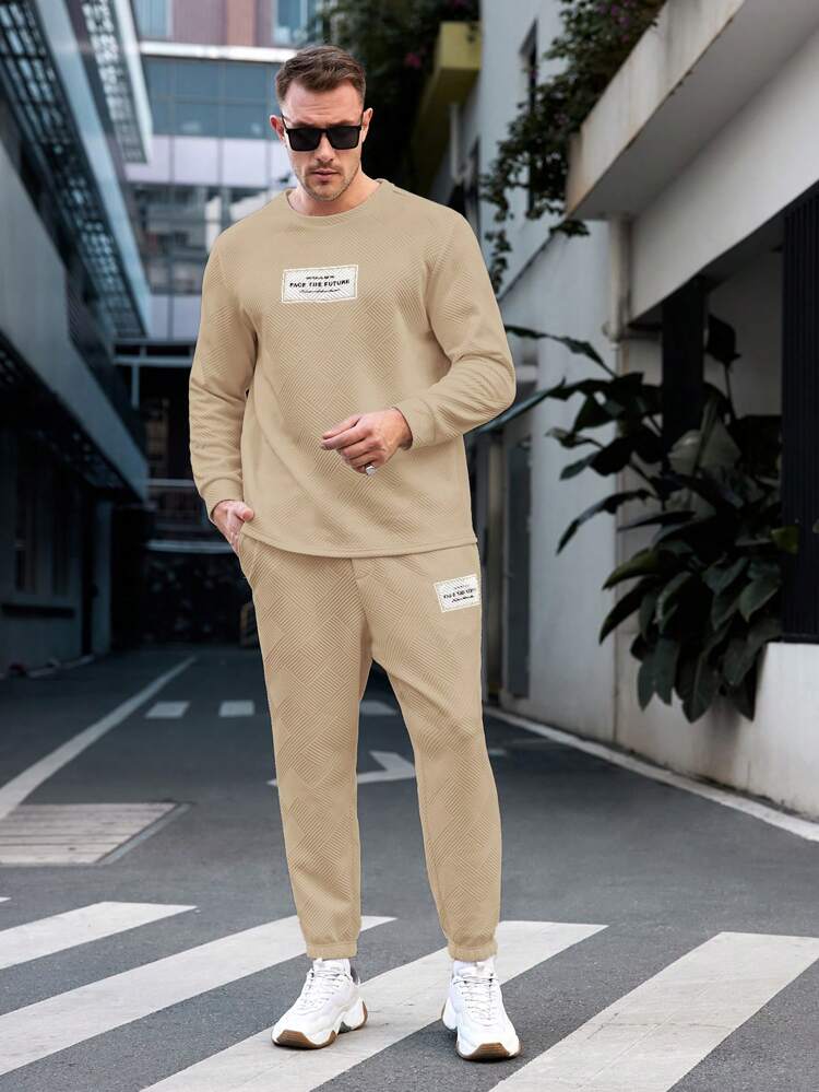 Men's Plus Size Letter Printed Sweatshirt And Sweatpants Set For Casual Wear, For Fall Winter