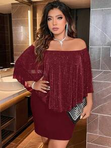 Rochie elegantă de petrecere cu paiete, mărime plus, cu umeri goi - Burgundia - Vizualizare 6