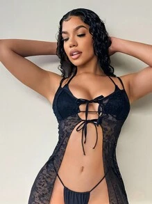 SHEIN Swim 女式夏季蕾丝前系带和服外套 - 黑色 - 查看 3