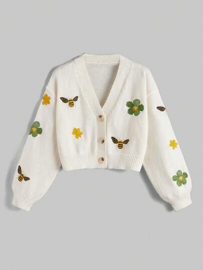 Fairycore Cardigan mit offenem Vorderteil, Blumen- und Bienen-Stickerei, Dropped Shoulder, Langarm Oberteile für die Schule