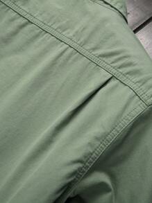 Manfinity Homme Men's Solid Color Long Sleeved Denim Shirt, Button Up Cotton Plain Dark Green Vintage Shirt - Green - View 4