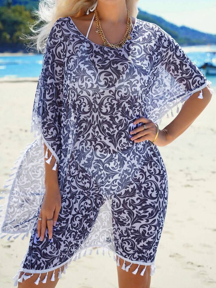 Summer Women's Satin Printed Fringe Hem Kimono Cover Up Top Carnival