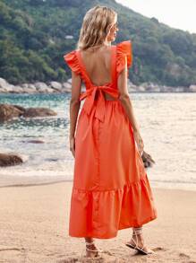 SHEIN VCAY Summer Women Beach Clothes Solid Orange Color Holiday Style Backless Bow-Knot Strap Ruffle Hem Long Dress - Orange - View 6