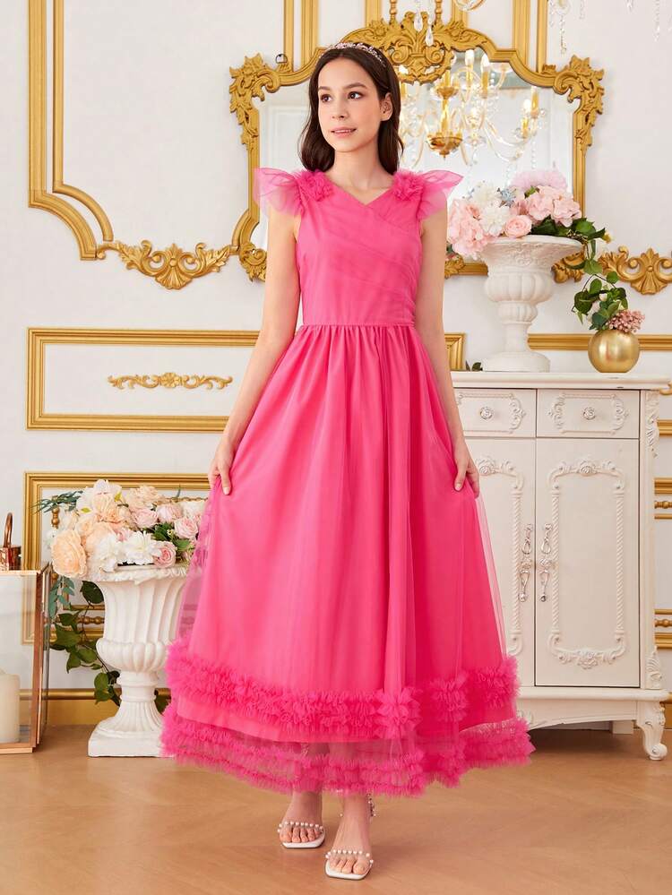 Teen Girl Net Yarn Little Cap Sleeve Dress