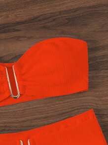 SHEIN Swim Summer Beach Ribbed Bikini Set V Wired One Shoulder Bra & High Waisted Bottom 2 Piece Bathing Suit - Orange - View 3