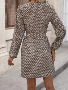 SHEIN Clasi Women's Lantern Sleeve Belted Dress With All-Over Print - Khaki - View 2