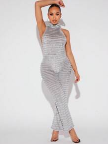 Hauture Sexy Allover Fuzzy Mock Neck Backless Halter Jumpsuit