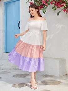 SHEIN Robe Décontractée Tissée Avec Épissure De Couleur Froncée, Épaules Dénudées, Ourlet À Volants, Pour Adolescente - Multicolore - Voir 1