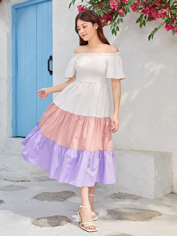 Teen Girl's Woven Splicing Color Shirred Off Shoulder Frill Hem Casual Dress