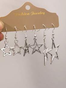 ROMWE Goth 3 Pares De Pendientes De Gota Con Diseño De Estrella - Plateado - Ver 2