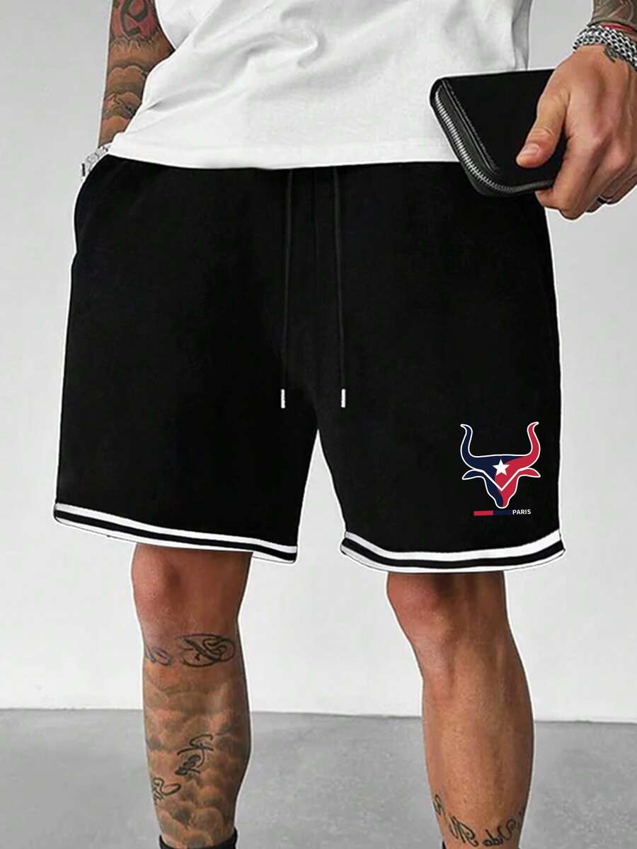 Aesthetic Post Nam Lá thư & Đầu bò In Eo dây rút Quần short - màu đen - Xem 1