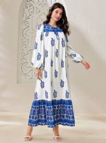 Al Najma Women's Arabic Lantern Sleeve Floral Printed Dress - Blue and White - View 8