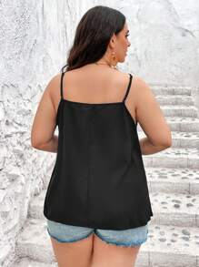 SHEIN CURVE+ Plus Size Spring Break Embroidered Mesh Trimmed Cami Black Top - Black - View 2