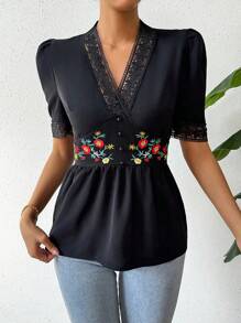 SHEIN Unity 刺繡花邊拼接泡泡袖襯衫