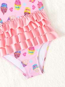 Young Girl's Layered Ruffle One-Piece Swimsuit With Cupcake Print - Multicolor - View 5