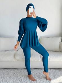 Swim Mulvari 女式布基尼套裝3入組泳裝，波浪邊荷葉邊上衣和全包覆下褲，包括罩裙、褲子和帽子，無鋼圈設計 - 水鴨藍 - 查看 1