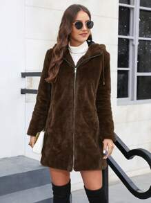RELISH NOLESS Women's Zip-Up Faux Fur Hooded Jacket, Winter - Coffee Brown - View 3
