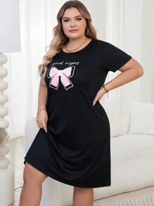 SHEIN Women's Plus Size Casual Sleep Dress Pajama Dress With Bowknot & Letter Print - Black - View 4
