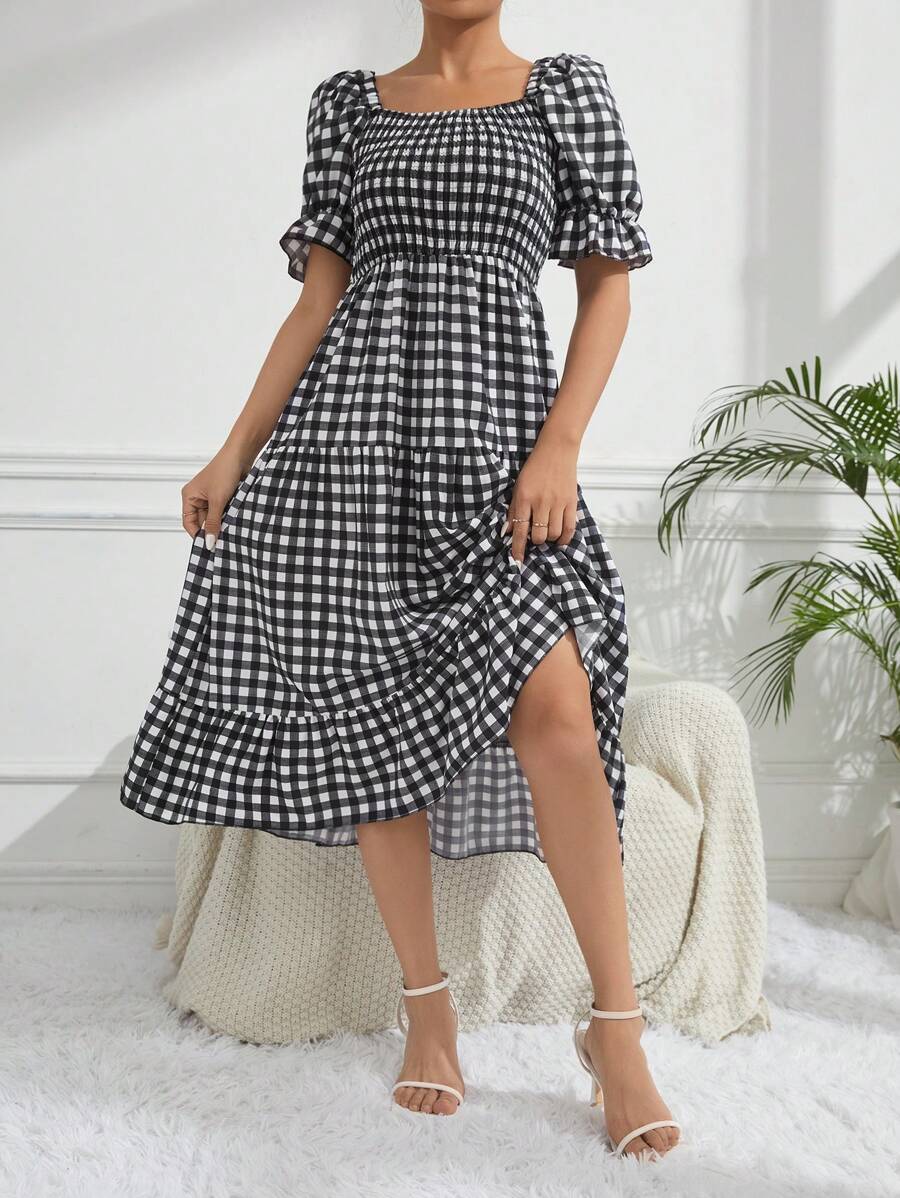Breezaya Women's Plaid Short Puff Sleeve Dress - Black and White - View 1