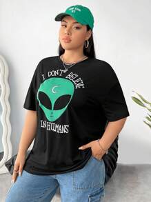 SHEIN EZwear Plus Alien & Slogan Graphic Drop Shoulder Tee - Black - View 3