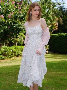 Vacation & Casual Ditsy Floral Spaghetti Strap Dress - Beige - View 6