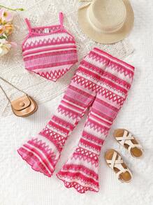 SHEIN Set de două piese pentru fetiță tânără, cu tiv asimetric, cu imprimeu geometric, camisole și pantaloni evazați - Roz - Vizualizare 7