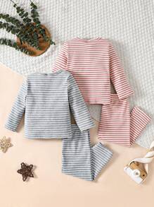 Gestreiftes Und Bedrucktes Langarm-hosen-homewear-set Für Babys In Blau Und Rosa