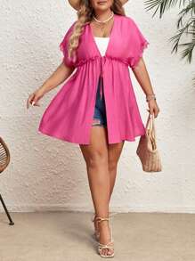 SHEIN VCAY Kimono rộng rãi buộc dây màu trơn cỡ lớn cho nữ có thắt lưng bản rộng mùa hè - Màu Hồng Tươi - Xem 3