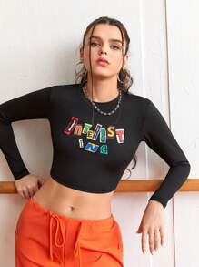 Gameset SHEIN Sport Letter Printed Cropped Athletic T-Shirt - Black - View 8