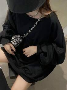 American Slouchy Asymmetrical Neckline Off-Shoulder Sweatshirt Women Autumn New Loose Slimming Long Sleeve Top Design One-Shoulder Solid Color Pullover Sweatshirt - Black - View 3