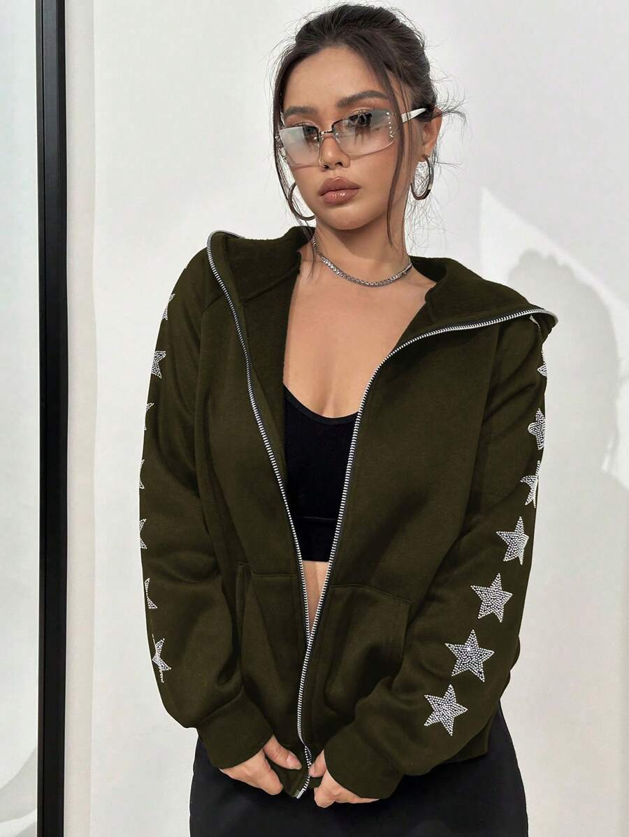 SHEIN Unity 帶鑽石星星圖案的帽衫 - 軍綠色 - 查看 1