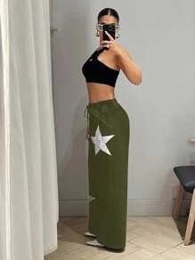 SHEIN ICON Low-Rise Loose Pants With Star Pattern - Army Green - View 4