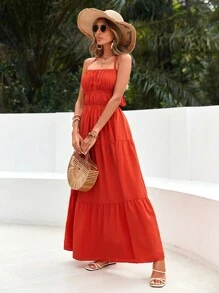 SHEIN VCAY Solid Color Vacation Halter Neck Backless Strap Sundress - Burnt Orange - View 5