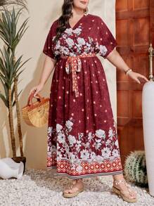Mulvari Vestido De Talla Grande Con Estampado De Flores Y Cuello Envolvente Para Mujer
