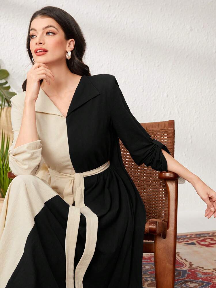 Women's Colorblock Rolled Sleeve Belted Dress
