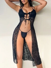 SHEIN Swim 女式夏季蕾丝前系带和服外套 - 黑色 - 查看 1
