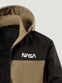 Manfinity Homme Men's Contrast Color Letter Printed Hooded Thermal Lined Padded Coat With Drawstring - Coffee Brown - View 6