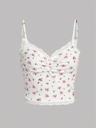 SHEIN Girlism 青少女花卉印花肋織背心上衣,帶有蕾絲邊緣和蕾絲修飾