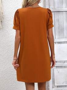 SHEIN LUNE Của phụ nữ Ngắn tay Vòng cổ Đầm - màu nâu - Xem 2