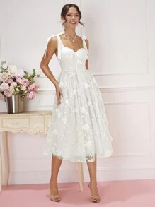 Enchnt 女士網紗連衣裙,肩上帶花和打結 - 白色 - 查看 4