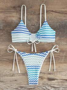 SHEIN Swim Bộ bikini thắt nút họa tiết sọc ziczac Bộ bikini buộc dây bên hông Lễ hội âm nhạc Mùa hè - Nhiều màu - Xem 6