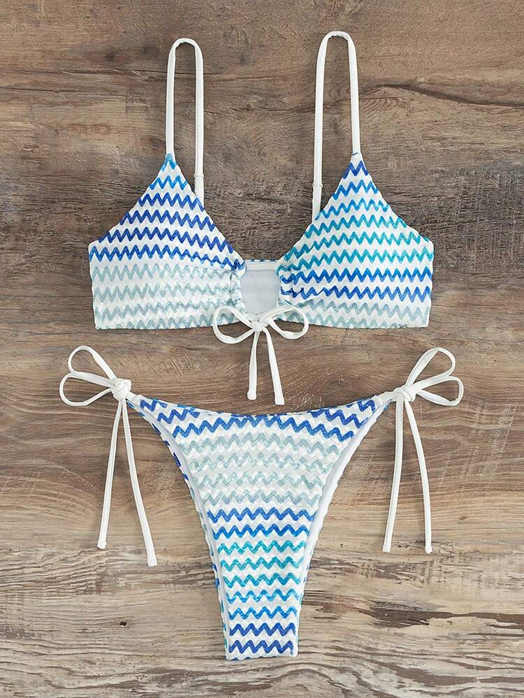 Zigzag Striped Pattern Knot Detail Side Tie Bikini Set Music Festival Summer