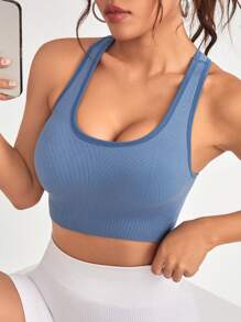 女士純色短款運動內衣 - 藍色 - 查看 1