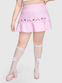 ROMWE Kawaii Plus Size Women's Cute Strawberry Ribbon & Bowknot & Embroidery Decor Sweet A-Line Skirt