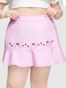 ROMWE Kawaii Plus Size Women's Cute Strawberry Ribbon & Bowknot & Embroidery Decor Sweet A-Line Skirt