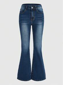 ROMWE Grunge Punk 女士十字绣牛仔喇叭牛仔裤，学校 - 藍色 - 查看 2