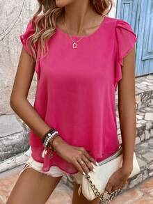 SHEIN LUNE Women's Solid Color Round Neck Pleated Ruffle Trim Decorated Blouse - Hot Pink - View 4