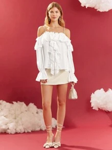 Enchnt Women Blouses Appliques Frill Ruffle Plain Lucu - Putih - View 3