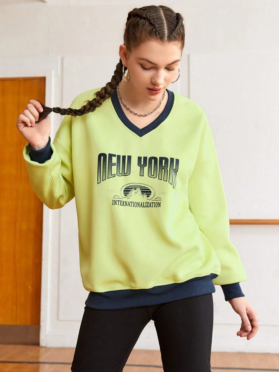 Gameset SHEIN Sport Letter Print Contrast Trim V-Neck Sweatshirt - Yellow - View 1